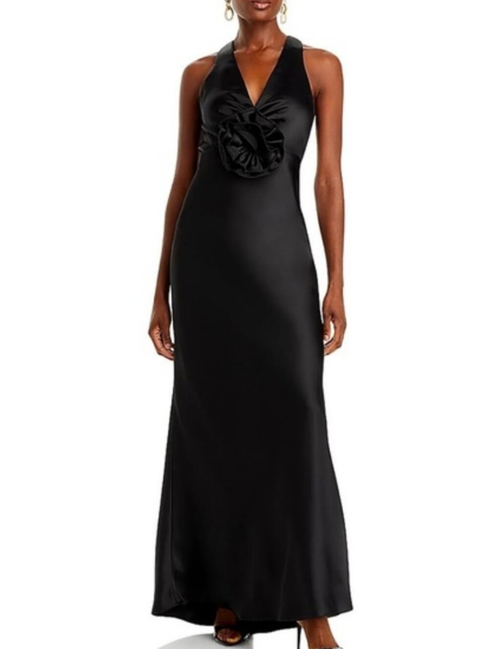 Aqua Black Long Satin Formal Dress with Flowe Trim - Size 10